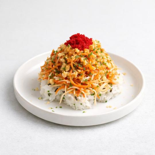 Volcano, a mound of rice with crunchy topping