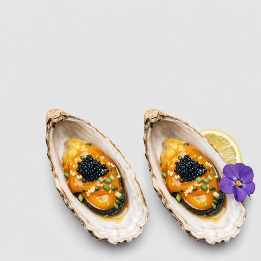 Two oysters topped with caviar and a flower