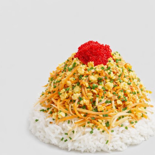 A mound of rice topped with crunchy mix and red roe